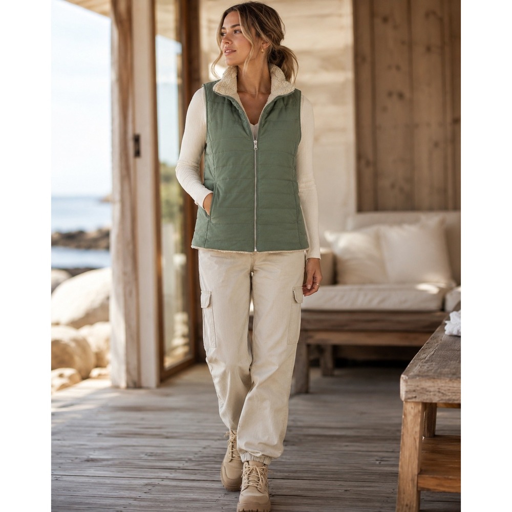 Entro Reversible Quilted‎ Faux Sherpa Vest Green L Gorpcore